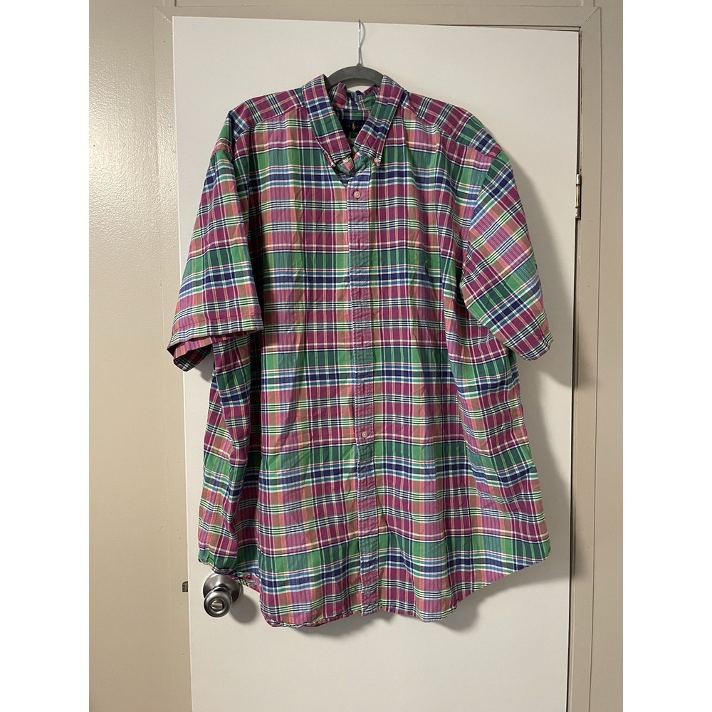 Polo Ralph Lauren Men 3XT Green Pink Plaid Short Sleeve Button Down Natural Pony